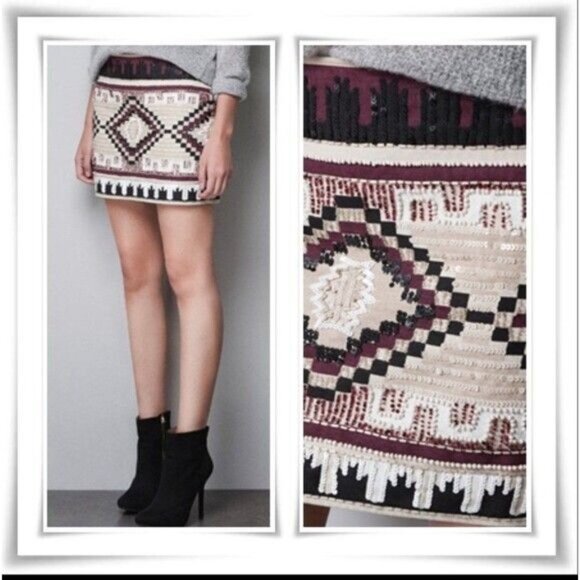 Zara Trafaluc Embellished Mini Skirt Beige/Burgundy Black Geometric Design Cotto - Picture 12 of 12